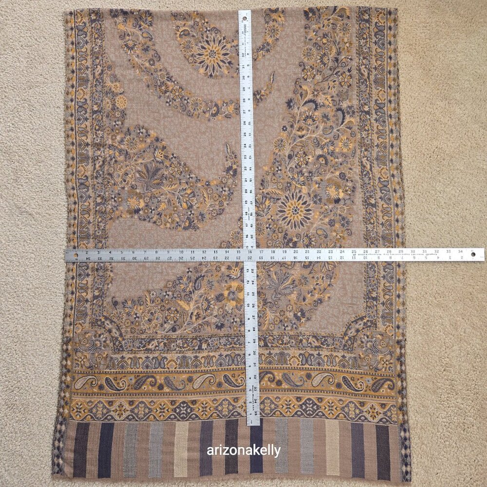 NWOT Cashmere Jacquard Lightweight Jamawar Shawl Scarf Yellow Blue - Picture 14 of 16